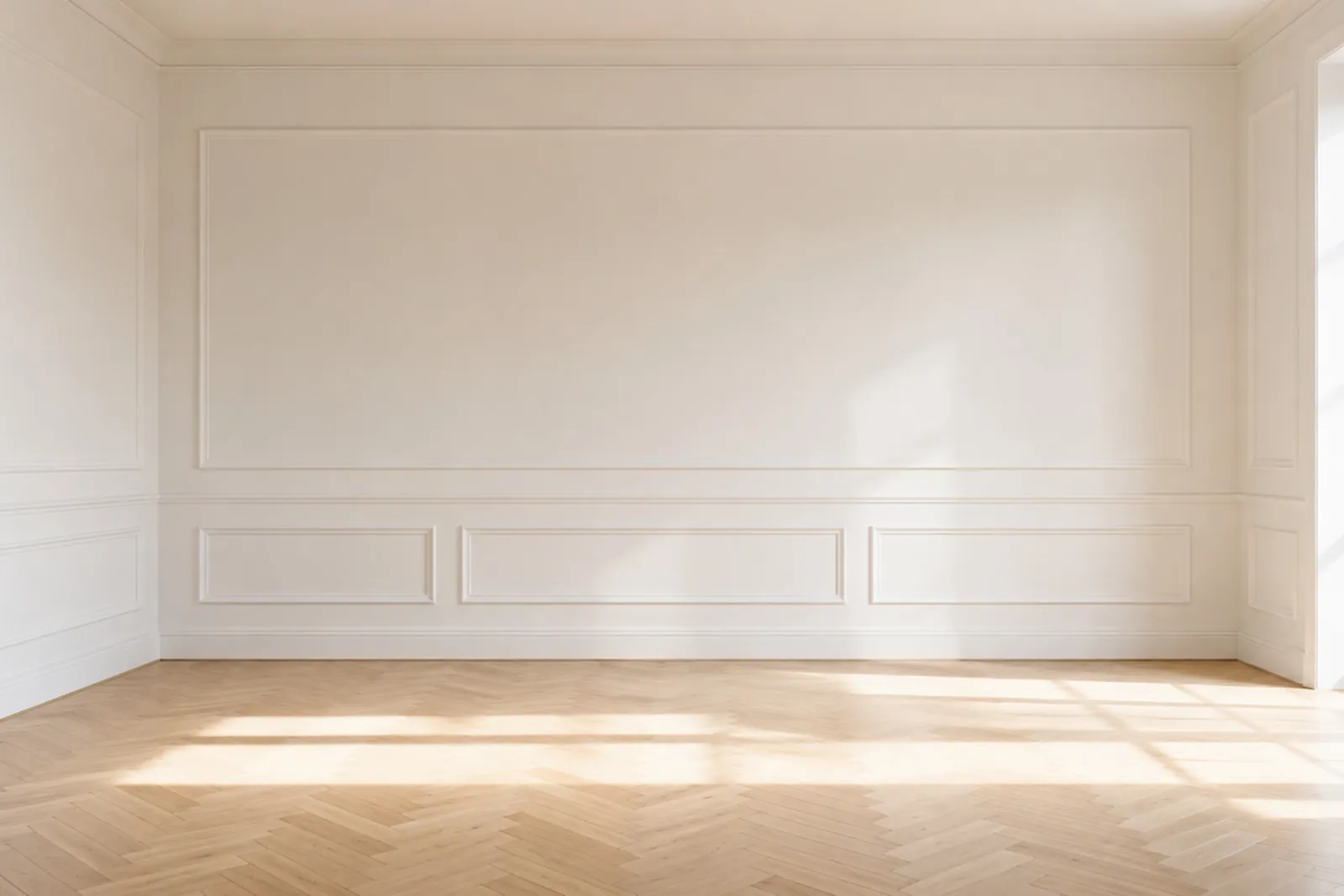 A bright living room with wall panelling and a herringbone floor, before staging